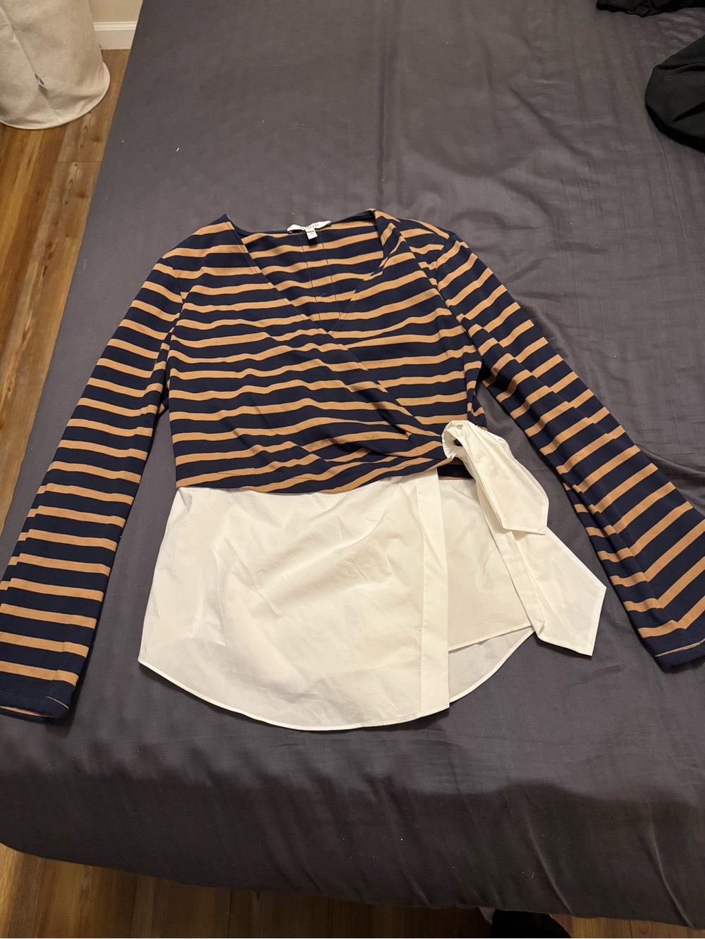 Derek Lam Navy and Tan Striped Wrap-Front Long Sleeve Top with Cream Hem